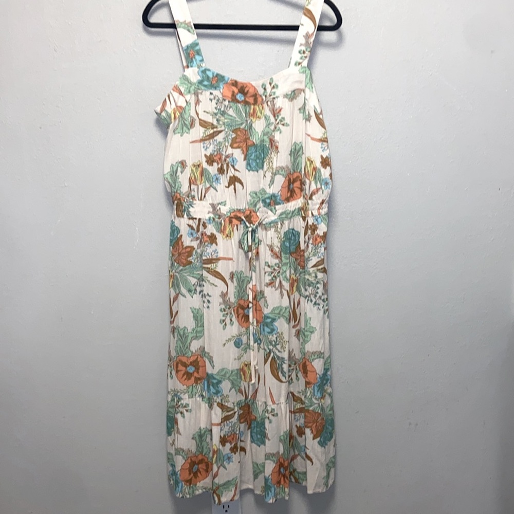 Love, Fire  Cream Orange Green Floral Square Neck Lightweight Maxi Dress 3502